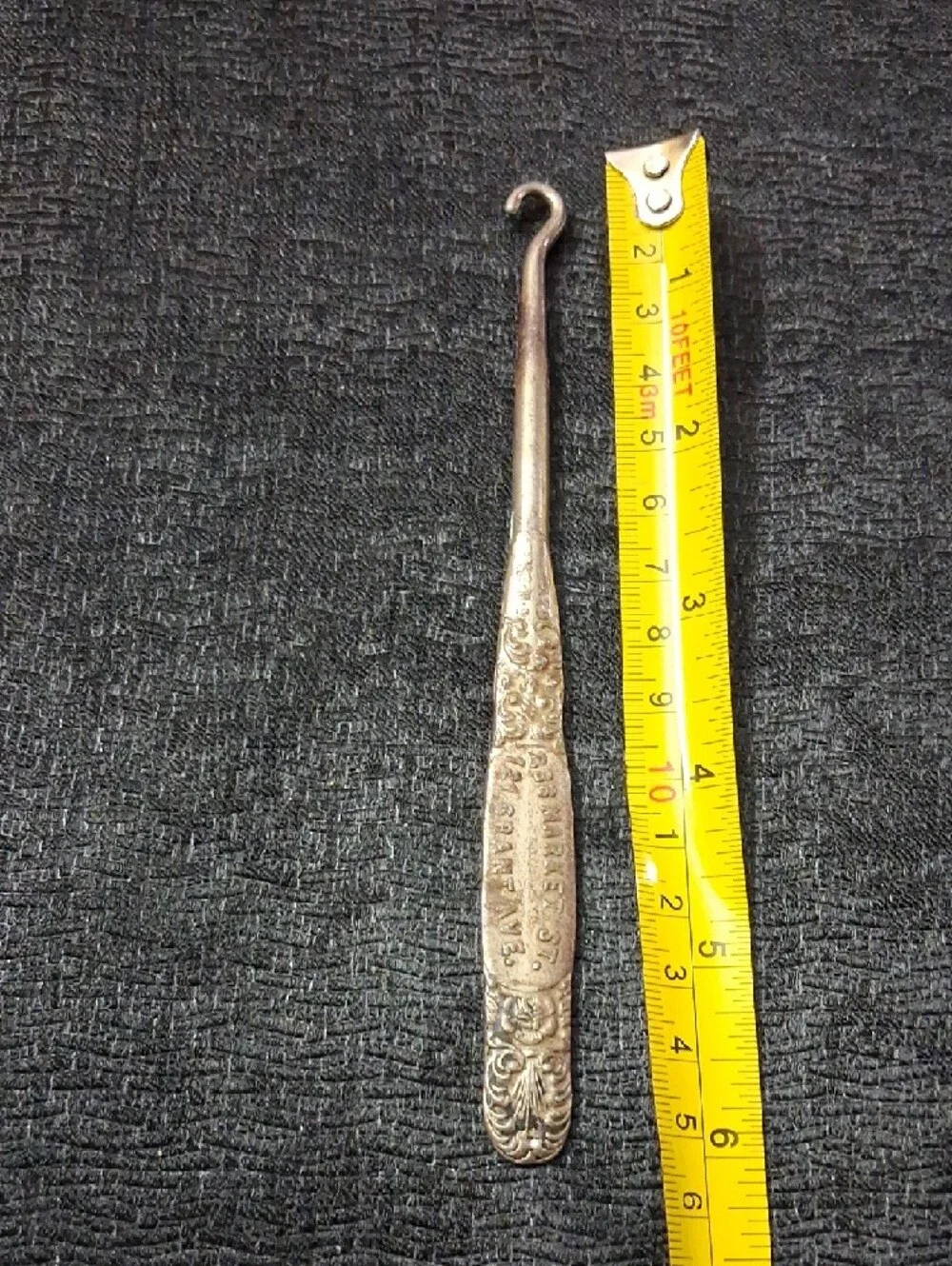 Antique Silver Tone Boot Button Crochet Hook with Decorative Handle